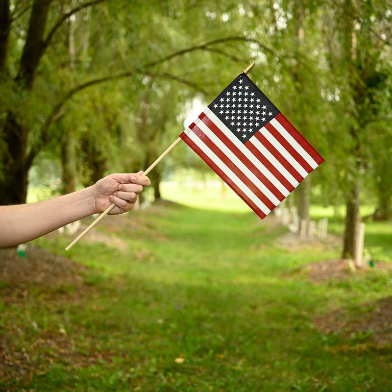 Load image into Gallery viewer, Super Tough 8&quot;x12&quot; Cotton US Stick Flag with 24&quot; Wood Stick and Spear Tip - 12 Pack
