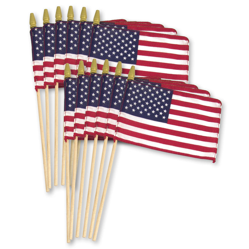 Load image into Gallery viewer, Super Tough 8&quot;x12&quot; Cotton US Stick Flag with 24&quot; Wood Stick and Spear Tip - 12 Pack
