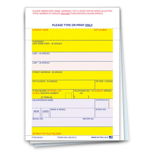 Vehicle Deal Label - AA-168-P/A-3 - Perm. Adh. - 3 Part ( Box of 100 )