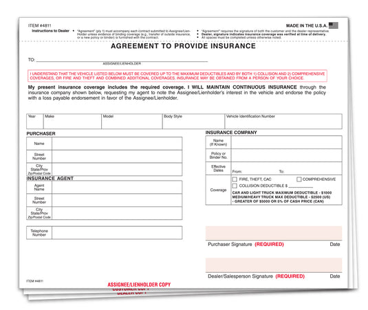 Agreement to Provide Insurance Policy - Qty. 100