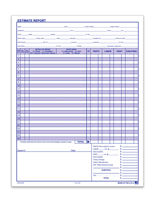 Body Shop Repair Estimate, Form 45 - Qty 100