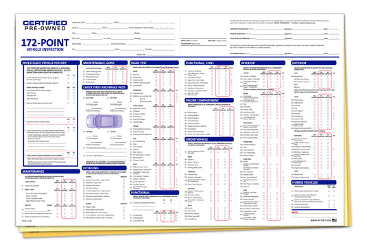 Cert. Pre-owned 172 Pt.Multi-Point Vehicle Insp. Report - 3 Part - Qty. 100