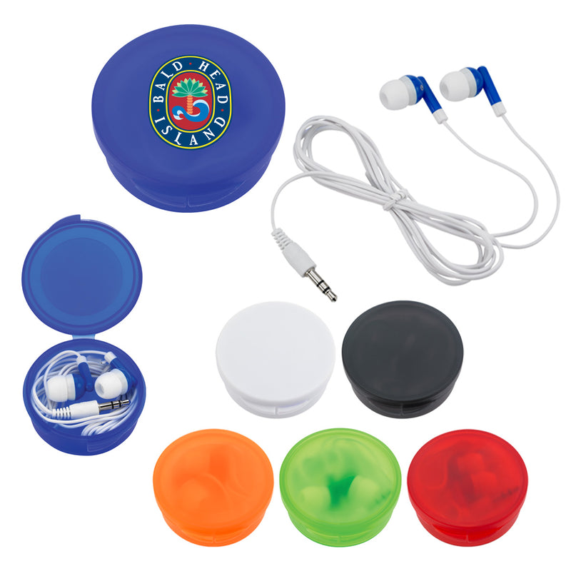 Load image into Gallery viewer, Earbuds In Round Plastic Case
