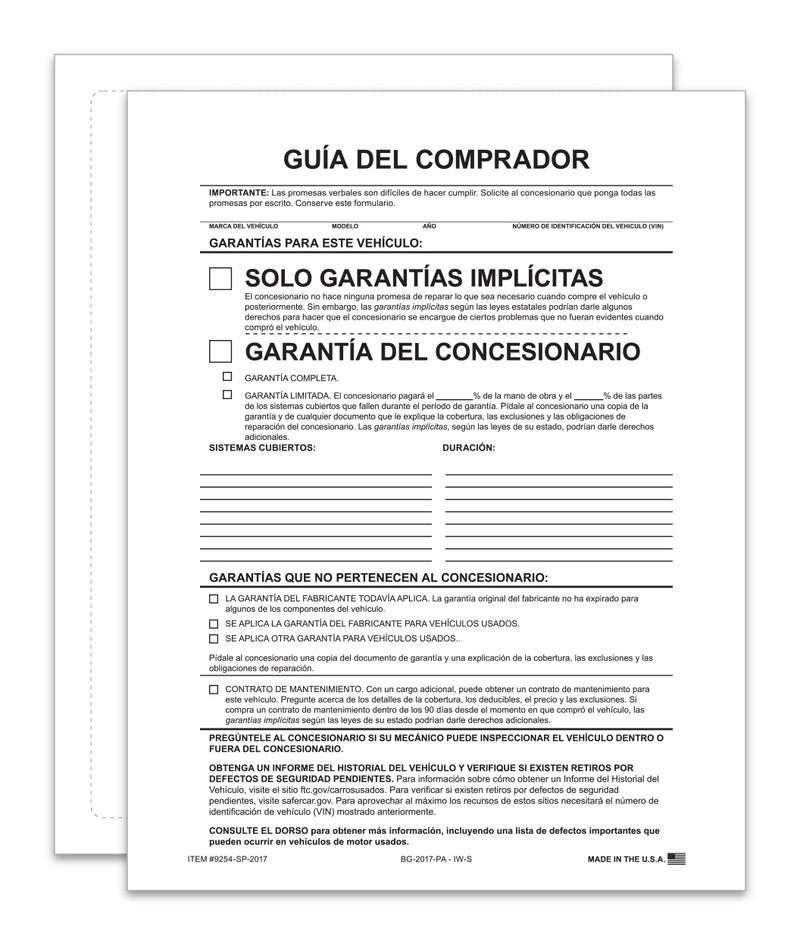Load image into Gallery viewer, Exterior Buyers Guide - BG-2017 - Implied. Warranty - P/A - Spanish - Qty. 100
