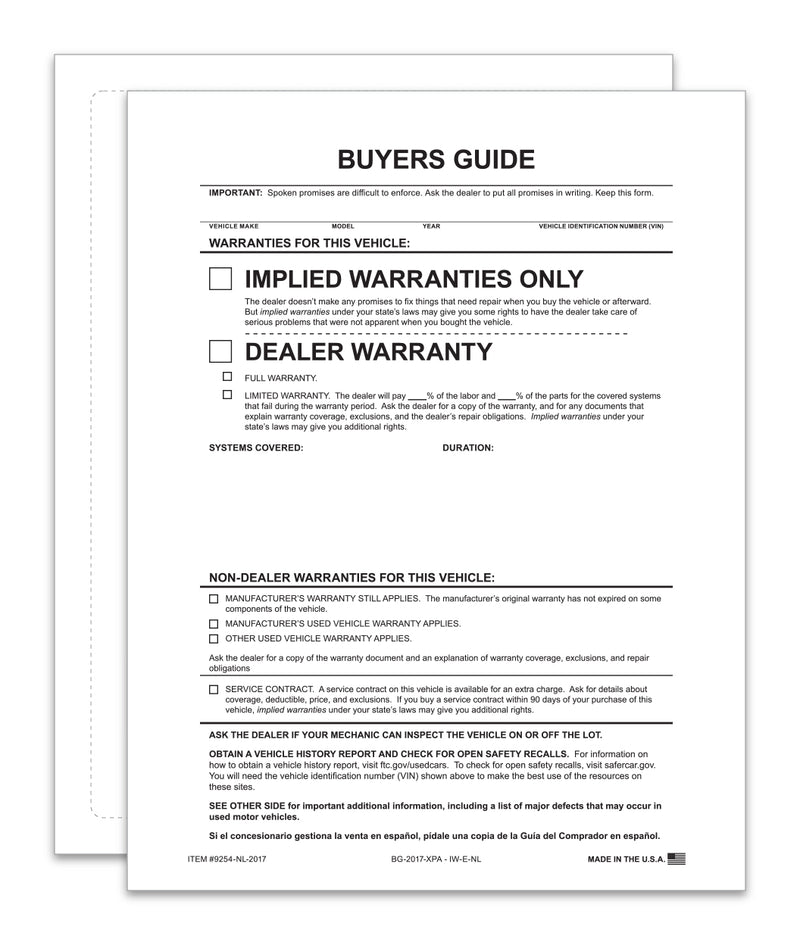 Load image into Gallery viewer, Exterior Buyers Guide - Implied Warranty - P/A - No Lines - Qty. 100
