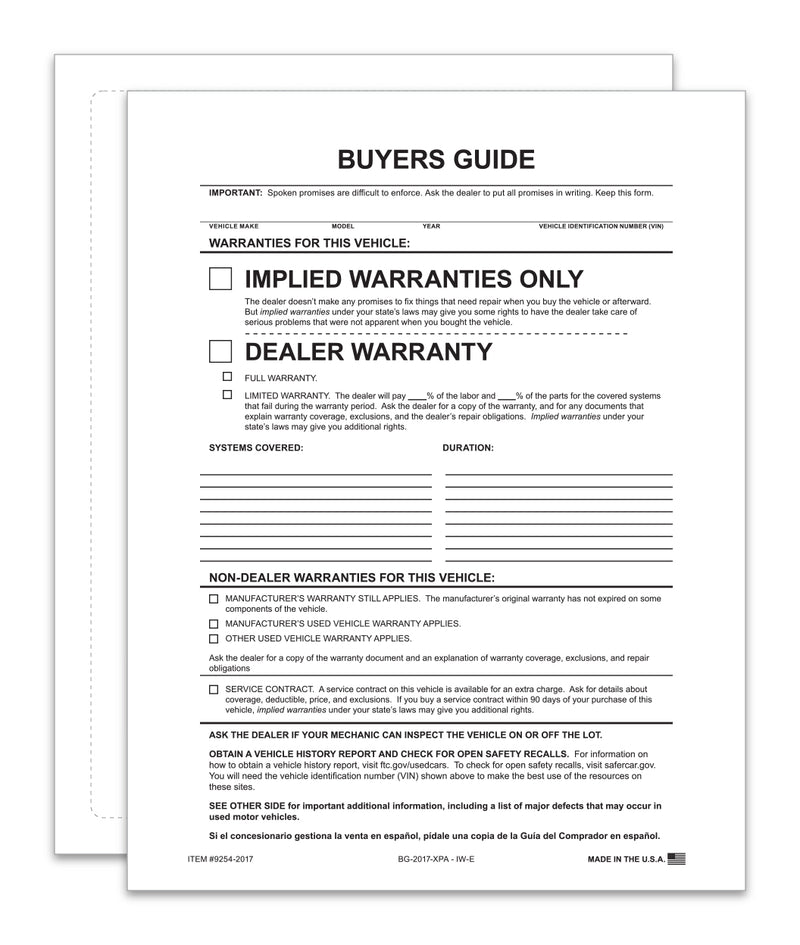 Load image into Gallery viewer, Exterior Buyers Guide - Implied Warranty - P/A - Qty. 100
