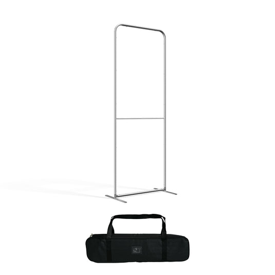 Magnetic straight fabric banner stand displaying a vibrant printed fabric graphic for promotional displays.