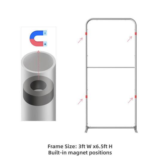 Magnetic straight fabric banner stand with white fabric display and metal support frame for promotional signage.