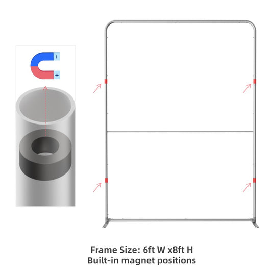 Magnetic straight fabric banner stand with black frame and printed fabric display, ideal for trade shows and promotional events