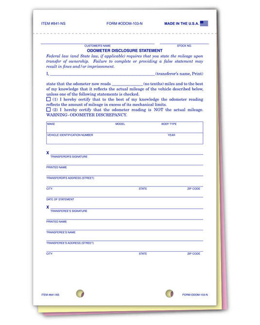 Odometer Disclosure Statement - ODOM-103-N - 3 Part - No Screen - Qty. 100