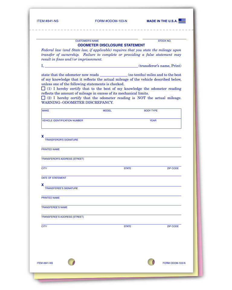 Odometer Disclosure Statement - ODOM-103-N - 3 Part - Qty. 100