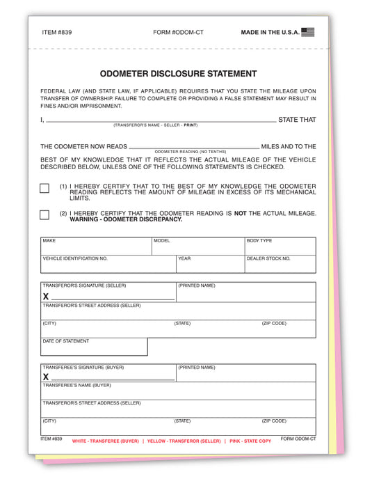 Odometer Disclosure Statement - ODOM-CT - 3 Part - Qty. 100