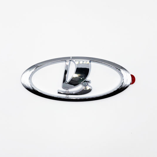 Chrome rear stroke badge with a sleek front shape, designed for vehicle decoration and branding.
