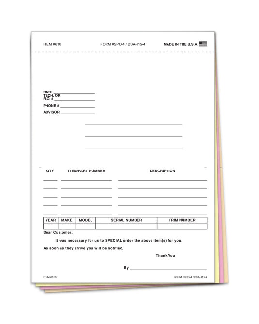 Special Parts Order Form - SPO-4 - Qty. 100