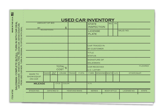Used Car Inventory Card - 2 Part - 6-5/8