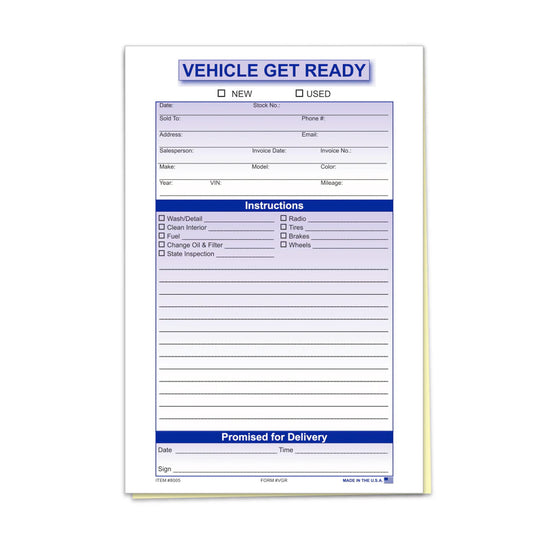 Vehicle Get Ready Form - 5 1/2" X 8 1/2 " - Qty. 100